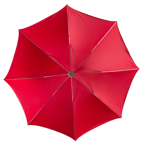 Open red umbrella seen from above, on top of a group of navy umbrellas
